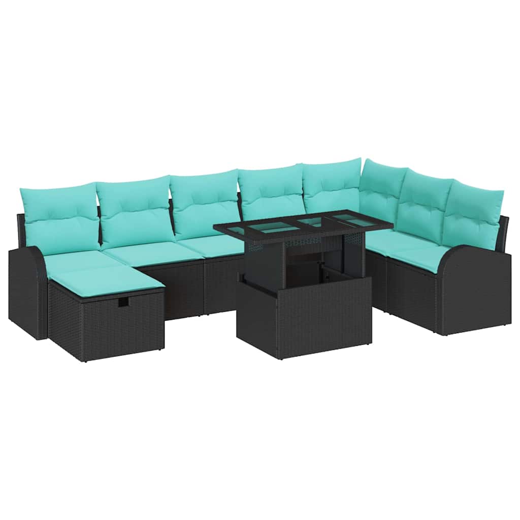 Set Divano da Giardino con cuscino 9 pcs Nero Poly Rattan