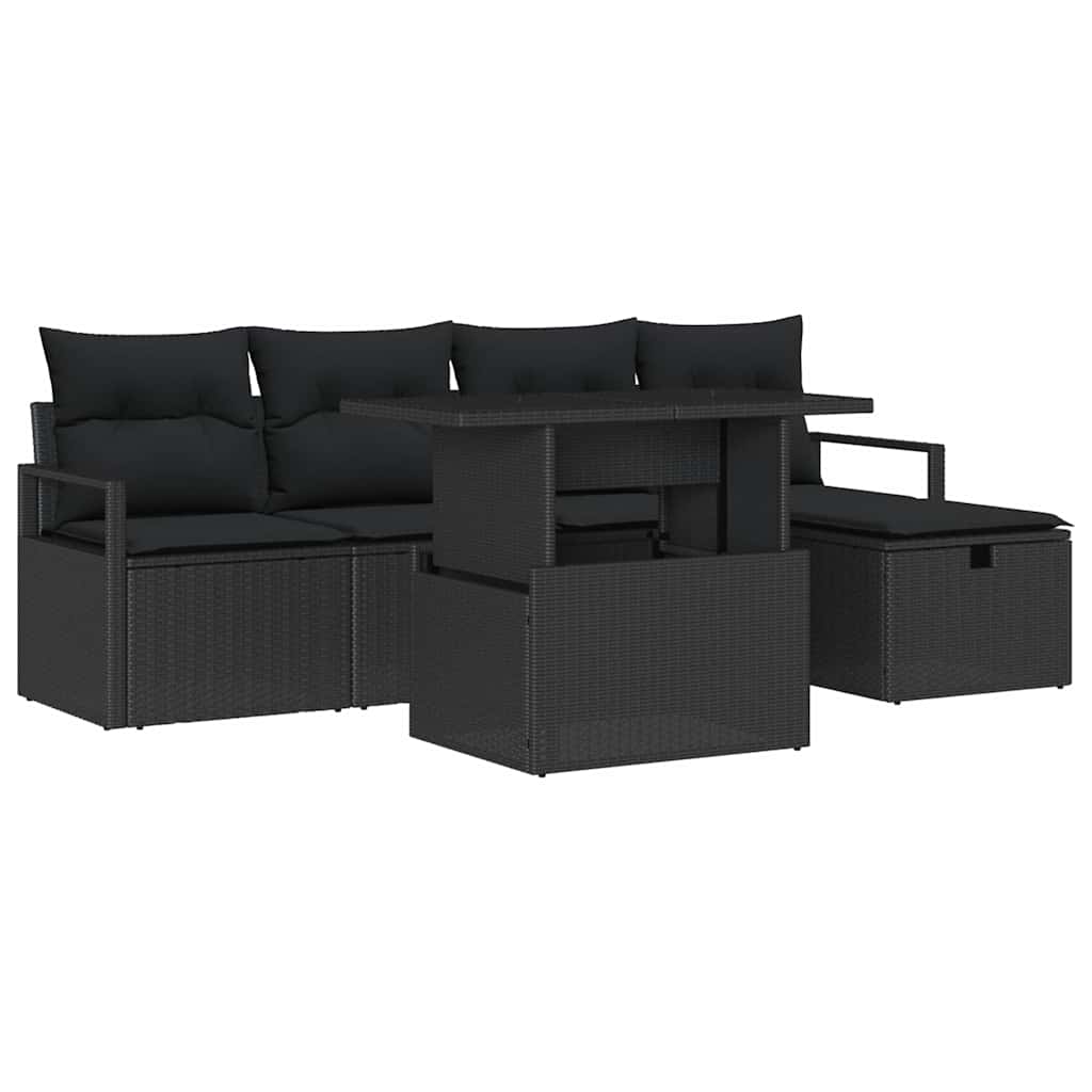 Set Divano da Giardino con cuscino 6 pcs Nero Poly Rattan | homemem39