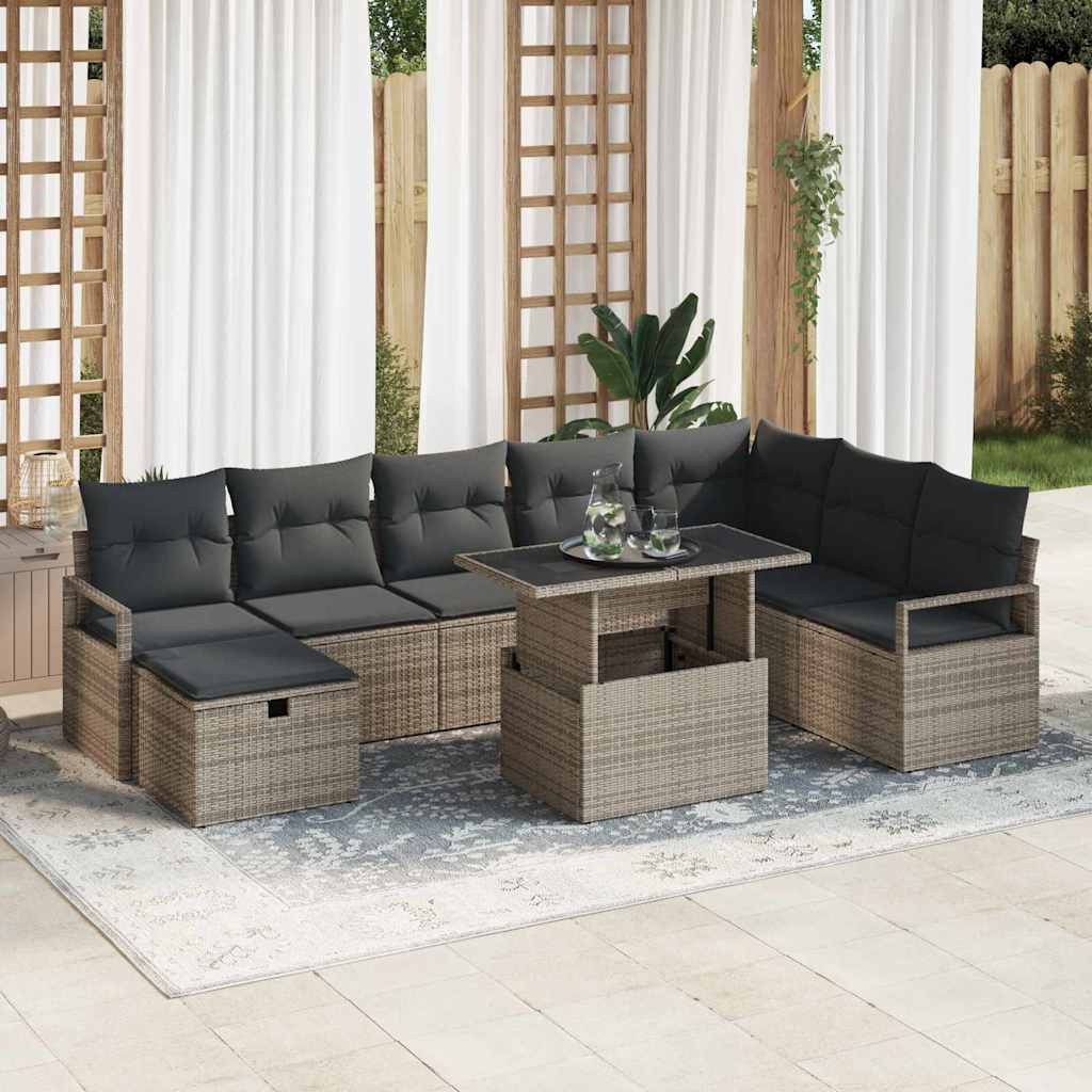 Set Divano da Giardino 9 pz Grigio polyrattan
