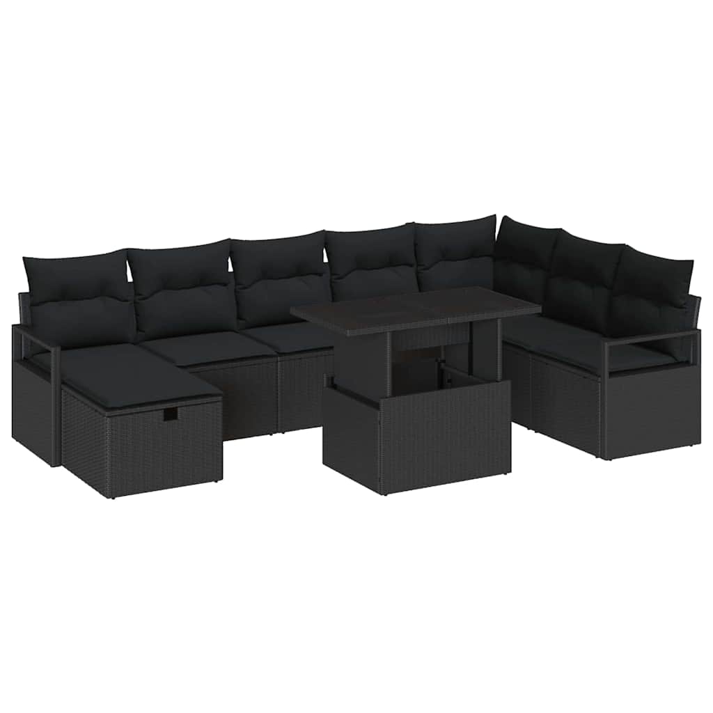 Set Divano da Giardino con cuscino 9 pcs Nero Poly Rattan | homemem39