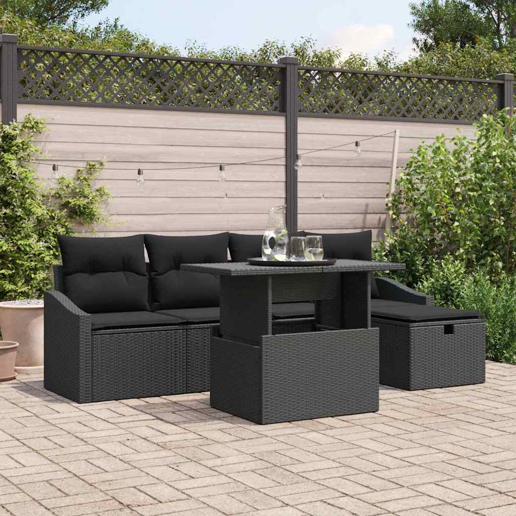 Set Divano da Giardino con cuscino 6 pcs Nero polyrattan | homemem39