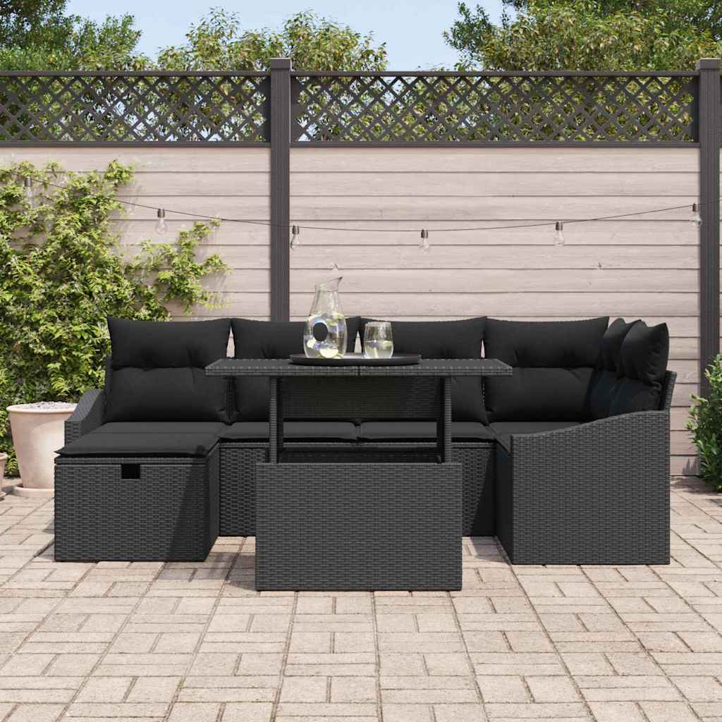 Set Divano da Giardino con cuscino 7 pcs Nero polyrattan | homemem39