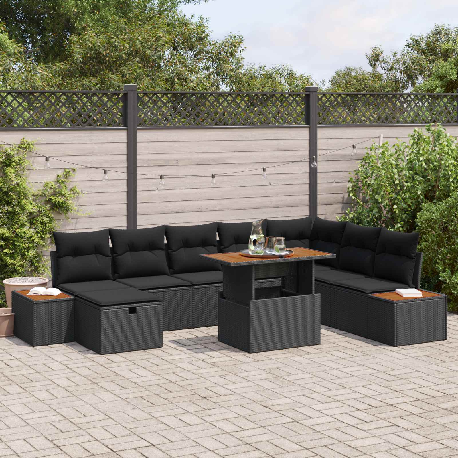Set Divano da Giardino con cuscino 9 pcs Nero polyrattan | homemem39