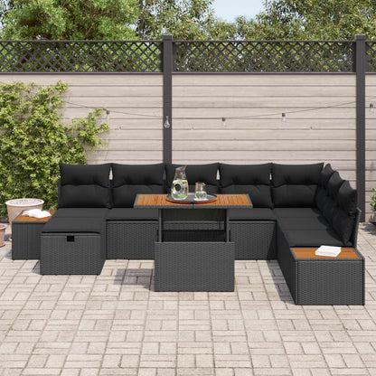 Set Divano da Giardino con cuscino 9 pcs Nero polyrattan | homemem39