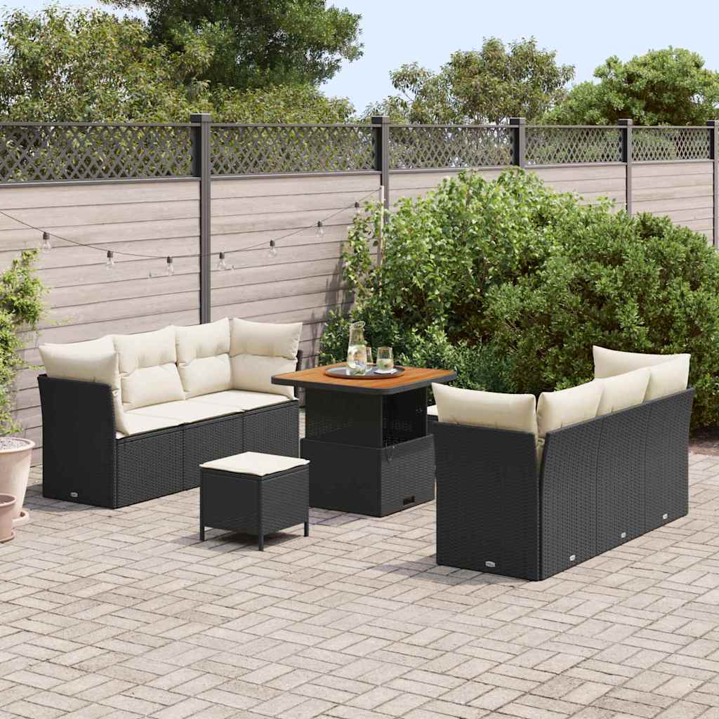 Set Divano da Giardino con cuscino 9 pcs Nero polyrattan