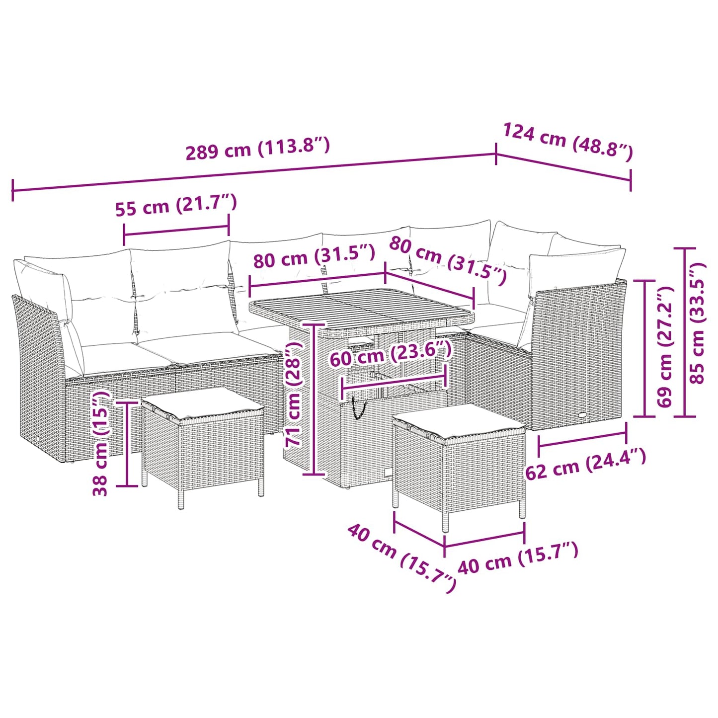 Set Divano da Giardino 9 pcs Nero polyrattan