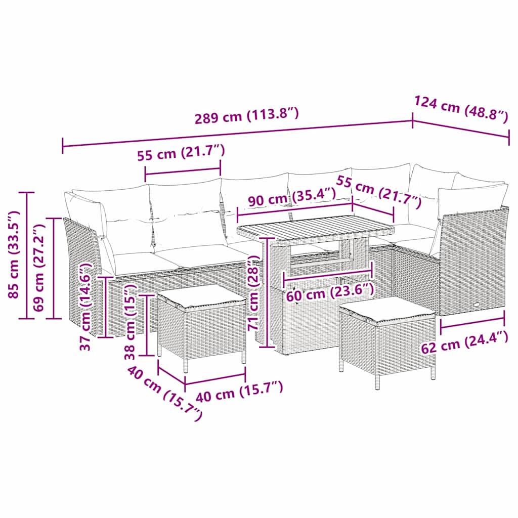 Set Divano da Giardino 9 pcs Nero polyrattan