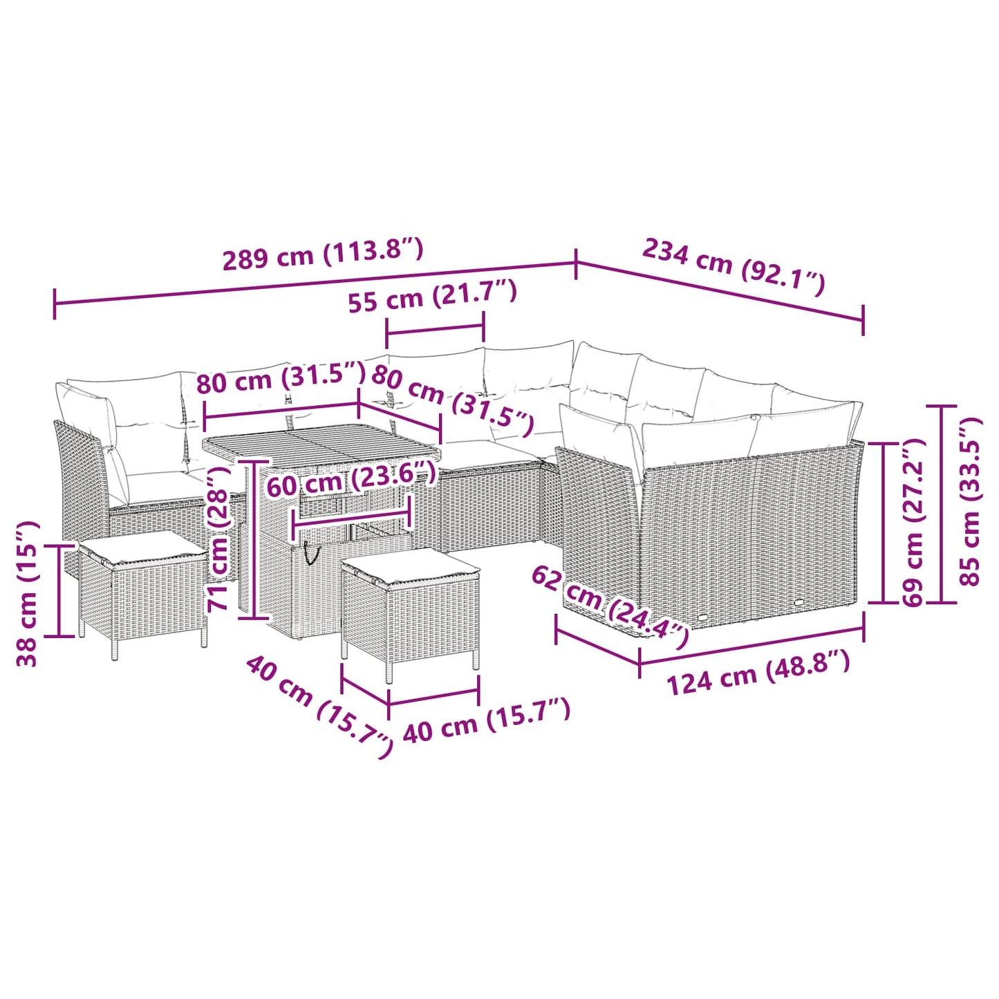 Set Divano da Giardino 12 pz Nero polyrattan