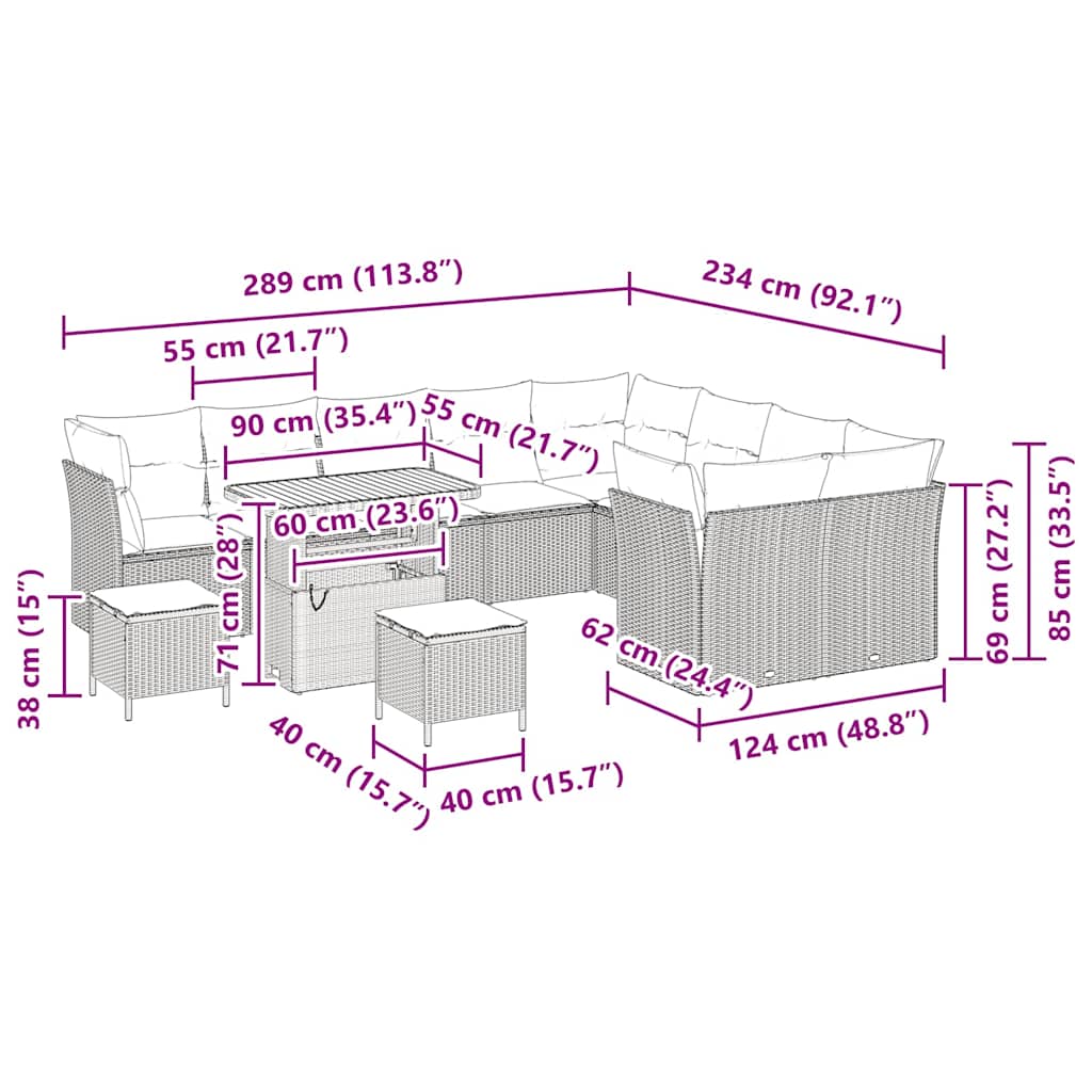 Set Divano da Giardino 12 pcs Nero polyrattan