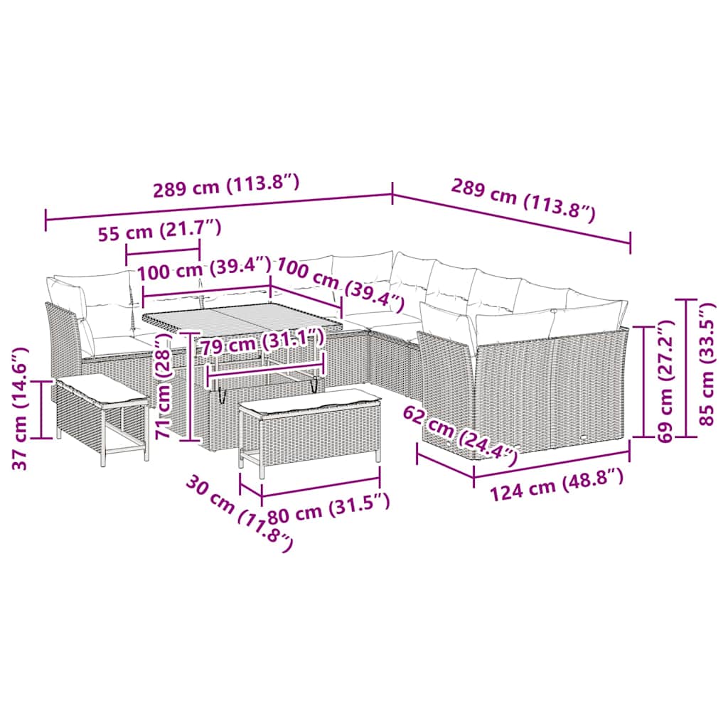 Set Divano da Giardino 13 pcs Nero polyrattan