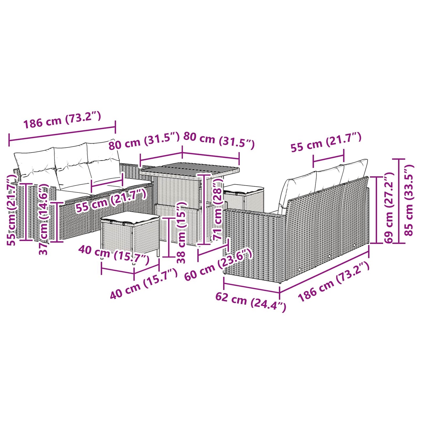 Set Divano da Giardino 9 pz Nero polyrattan | homemem39