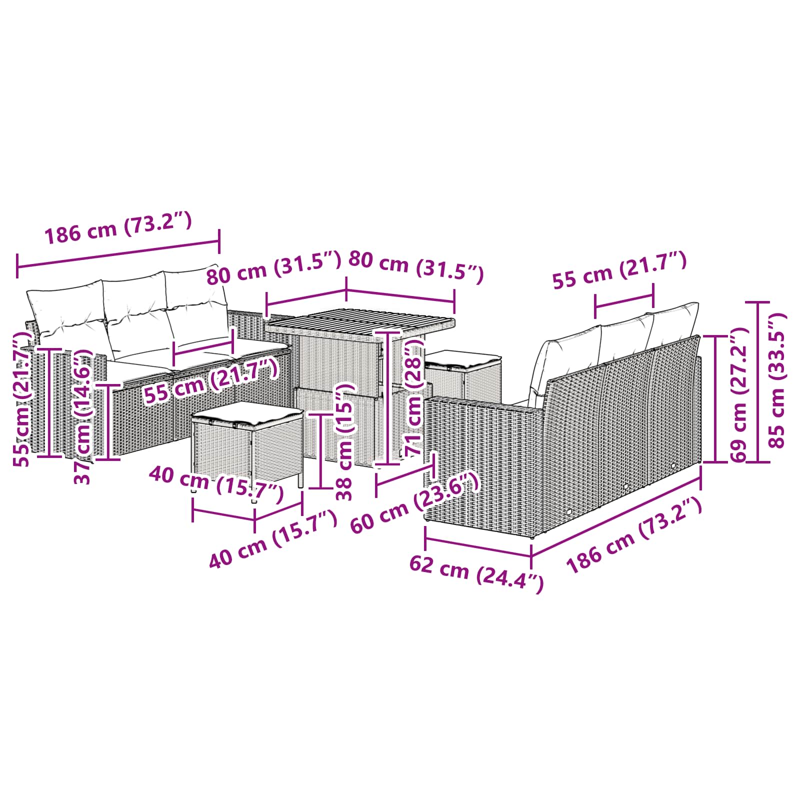 Set Divano da Giardino 9 pz Nero polyrattan | homemem39