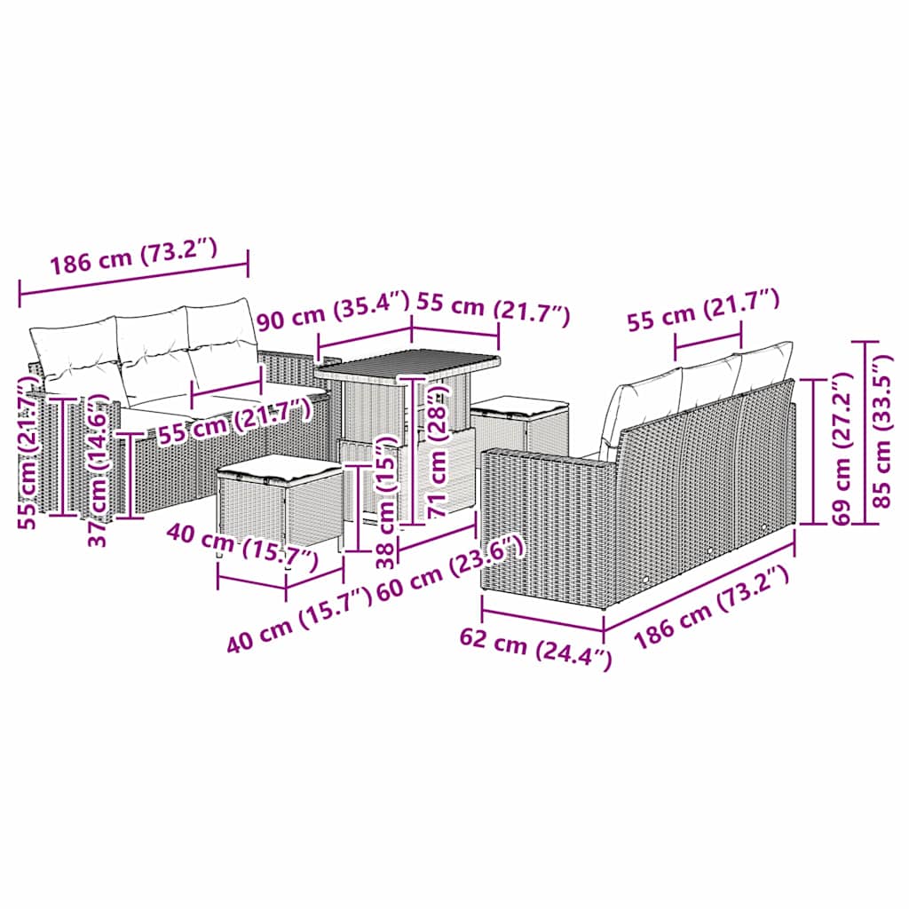 Set Divano da Giardino 9 pcs Beige polyrattan