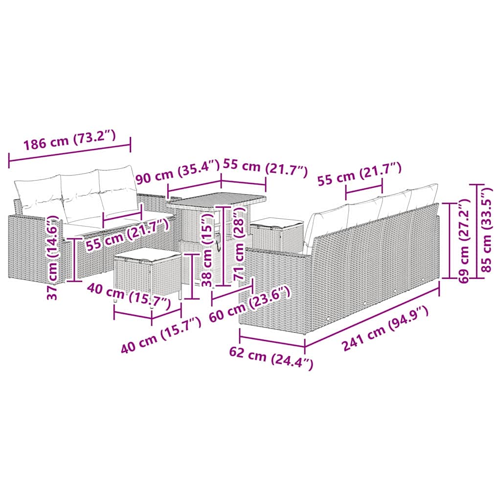 Set Divano da Giardino con cuscino 10 pcs Grigio polyrattan | homemem39