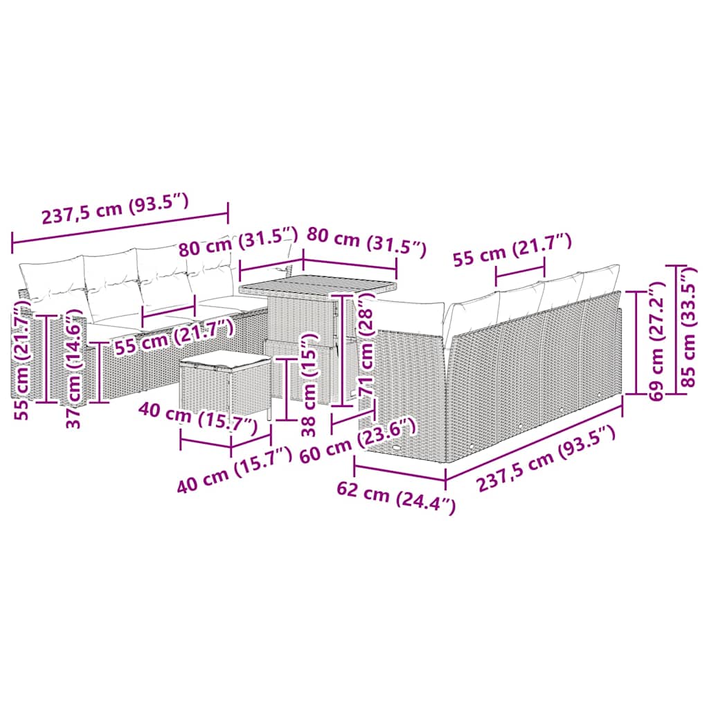 Set Divano da Giardino 11 pcs Beige polyrattan - homemem39