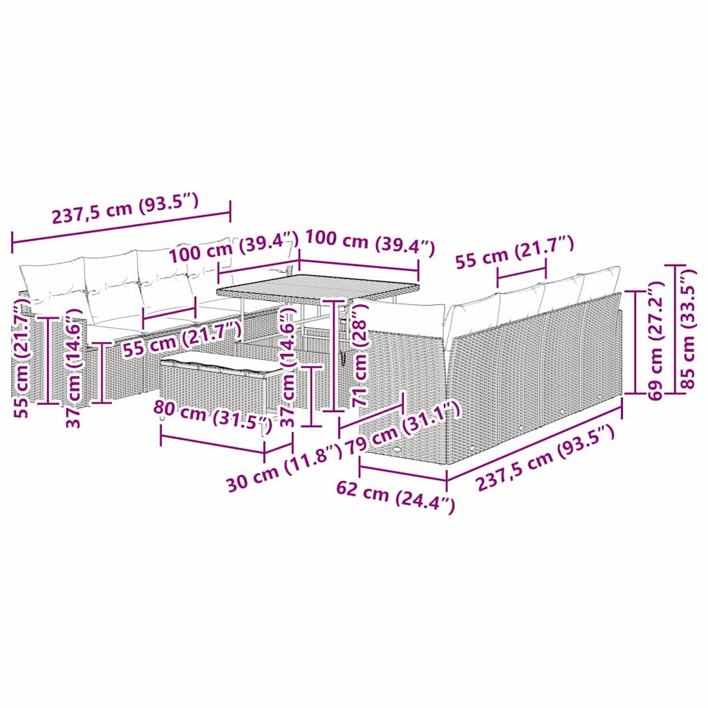 Set Divano da Giardino 11 pcs Beige polyrattan - homemem39