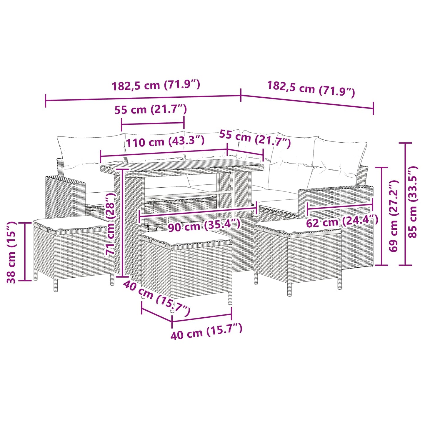 Set Divano da Giardino 9 pz Nero polyrattan | homemem39