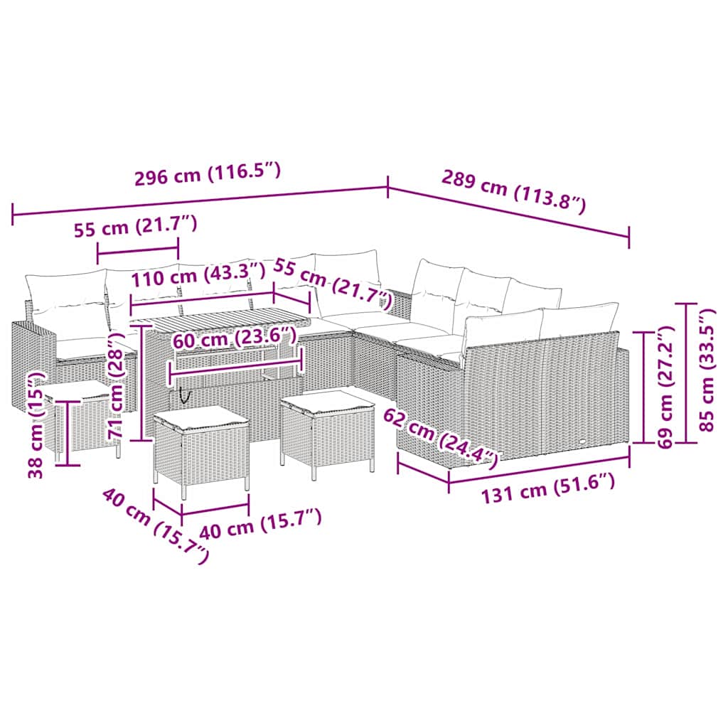 Set Divano da Giardino 14 pcs Grigio polyrattan
