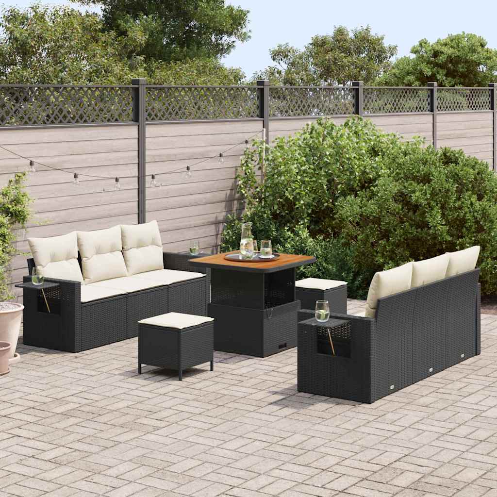 Set Divano da Giardino con cuscino 9 pcs Nero polyrattan