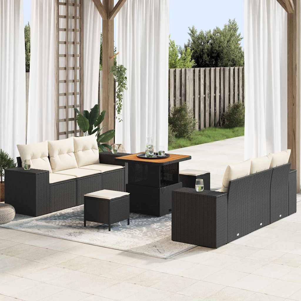 Set Divano da Giardino con cuscino 9 pcs Nero Poly Rattan