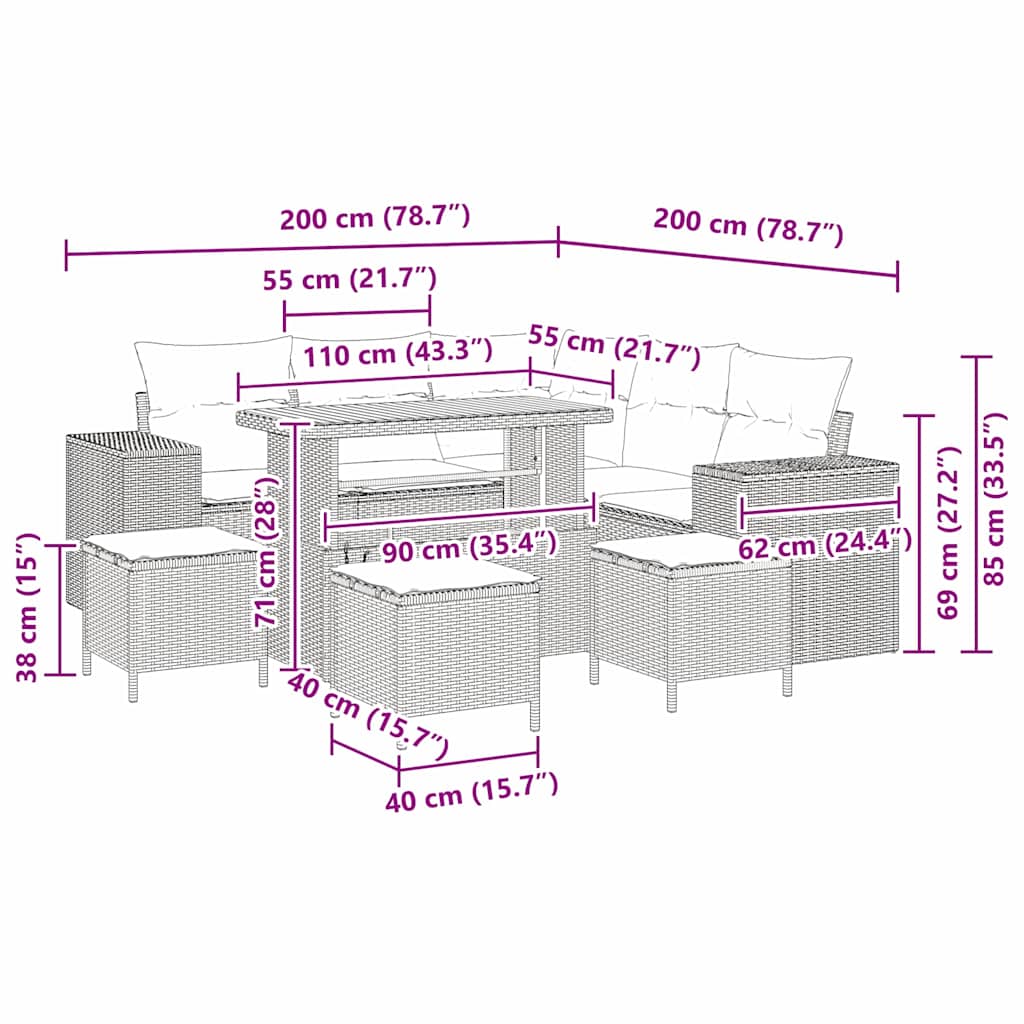 Set Divano da Giardino con cuscino 9 pcs Grigio polyrattan | homemem39
