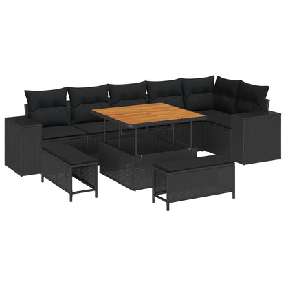 Set Divano da Giardino con cuscino 9 pcs Nero polyrattan