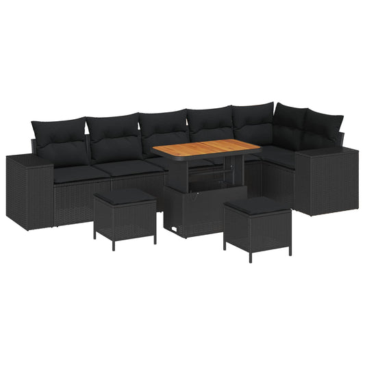 Set Divano da Giardino con cuscino 9 pcs Nero polyrattan