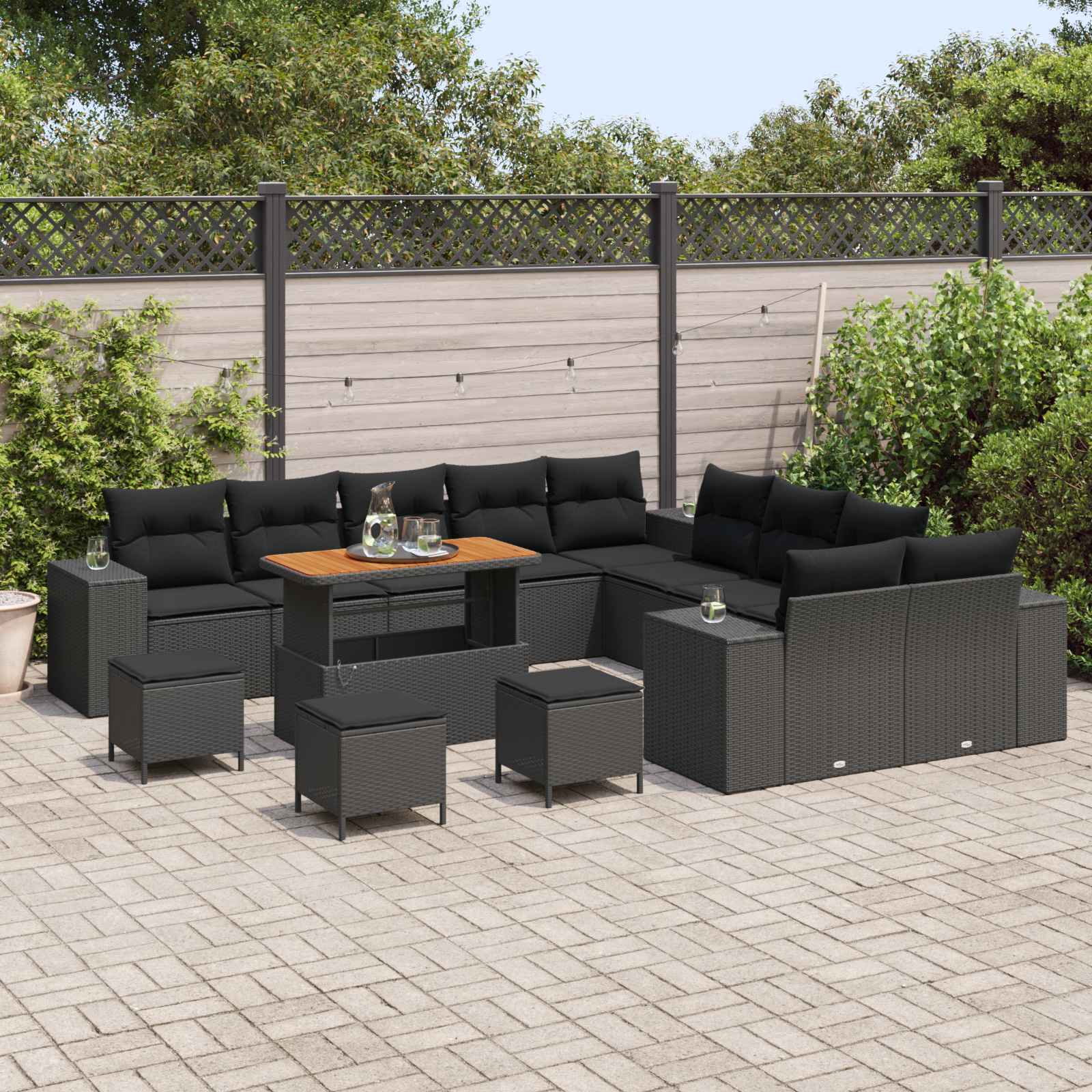 Set Divano da Giardino con cuscino 14 pcs Nero polyrattan | homemem39