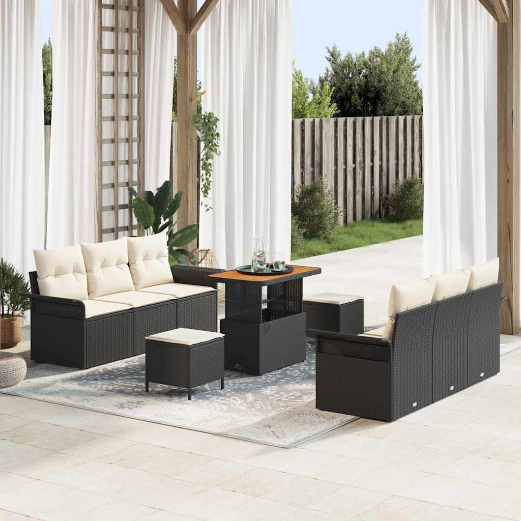 Set Divano da Giardino con cuscino 9 pcs Nero polyrattan