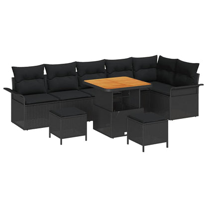 Set Divano da Giardino con cuscino 9 pcs Nero polyrattan