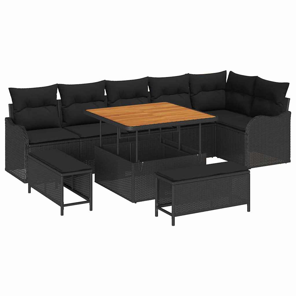 Set Divano da Giardino con cuscino 9 pcs Nero polyrattan