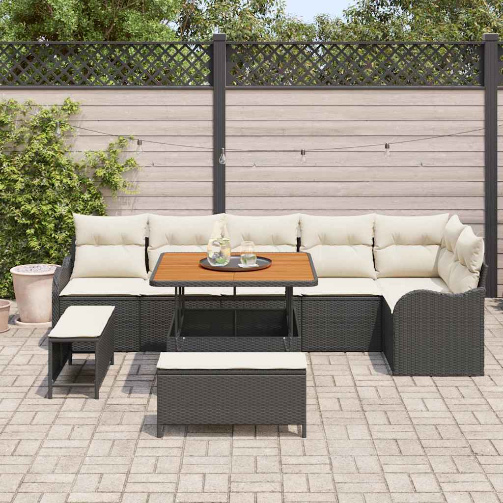 Set Divano da Giardino con cuscino 9 pcs Nero polyrattan