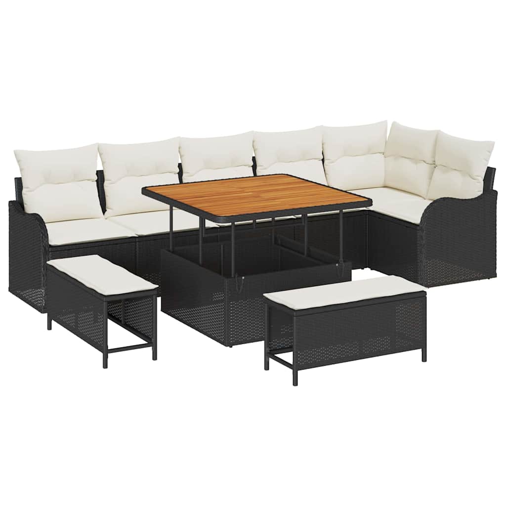 Set Divano da Giardino con cuscino 9 pcs Nero polyrattan