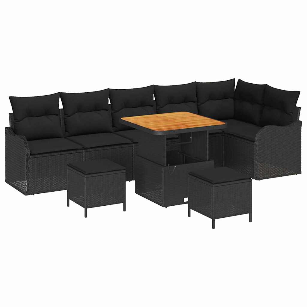 Set Divano da Giardino con cuscino 9 pcs Nero polyrattan