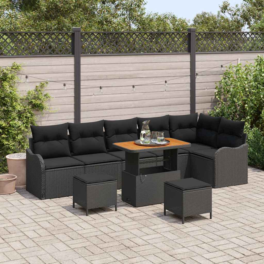 Set Divano da Giardino con cuscino 9 pcs Nero polyrattan