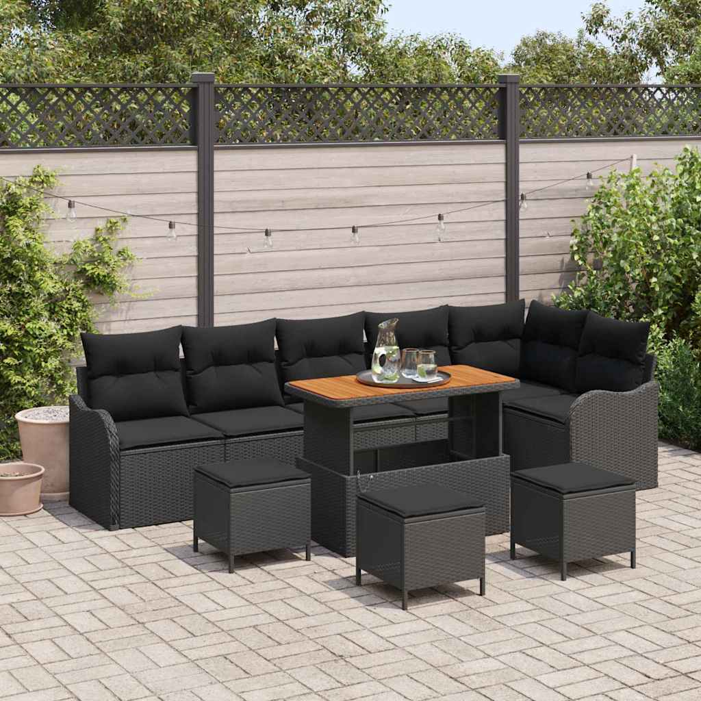 Set Divano da Giardino con cuscino 10 pcs Nero polyrattan
