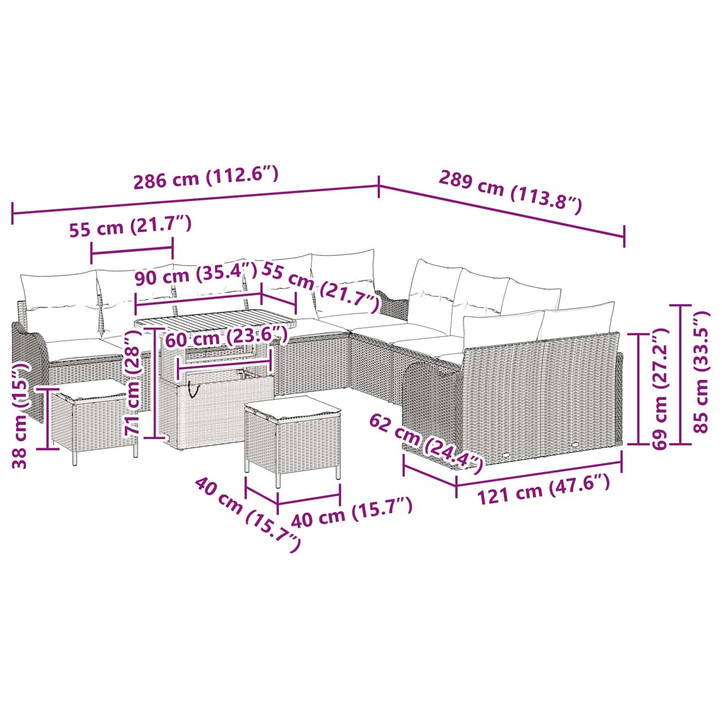 Set Divano da Giardino 13 pcs Grigio polyrattan