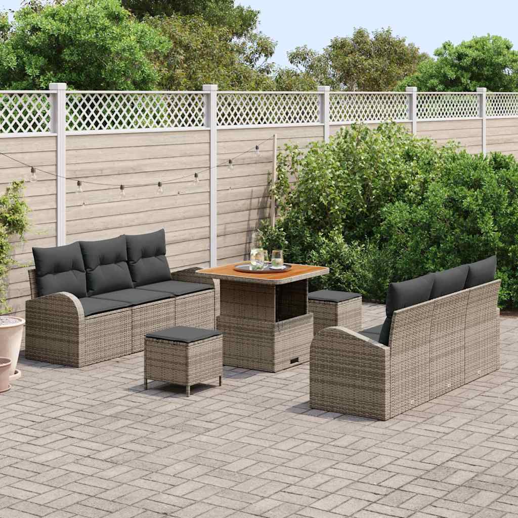 Set Divano da Giardino con cuscino 9 pcs Grigio Poly Rattan