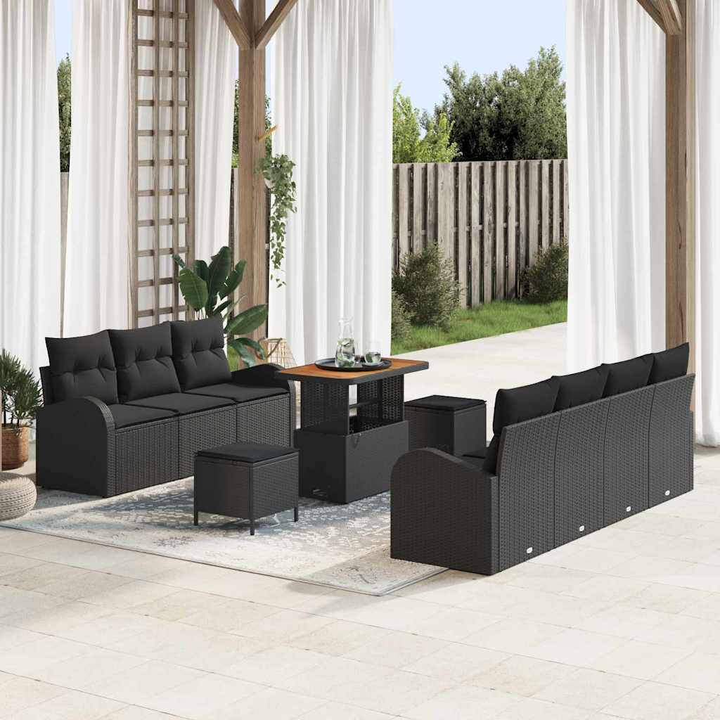 Set Divano da Giardino con cuscino 10 pcs Nero Poly Rattan - homemem39