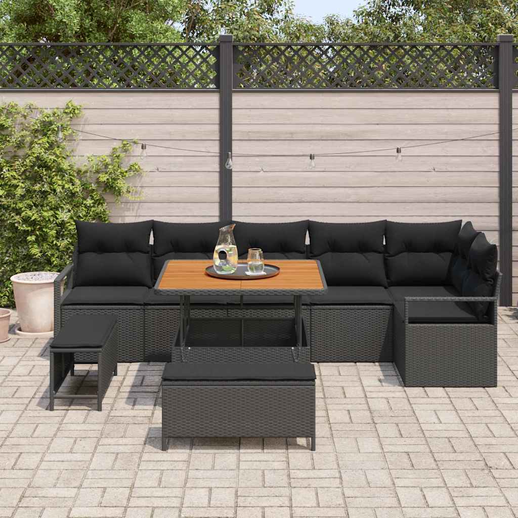 Set Divano da Giardino con cuscino 9 pcs Nero Poly Rattan - homemem39