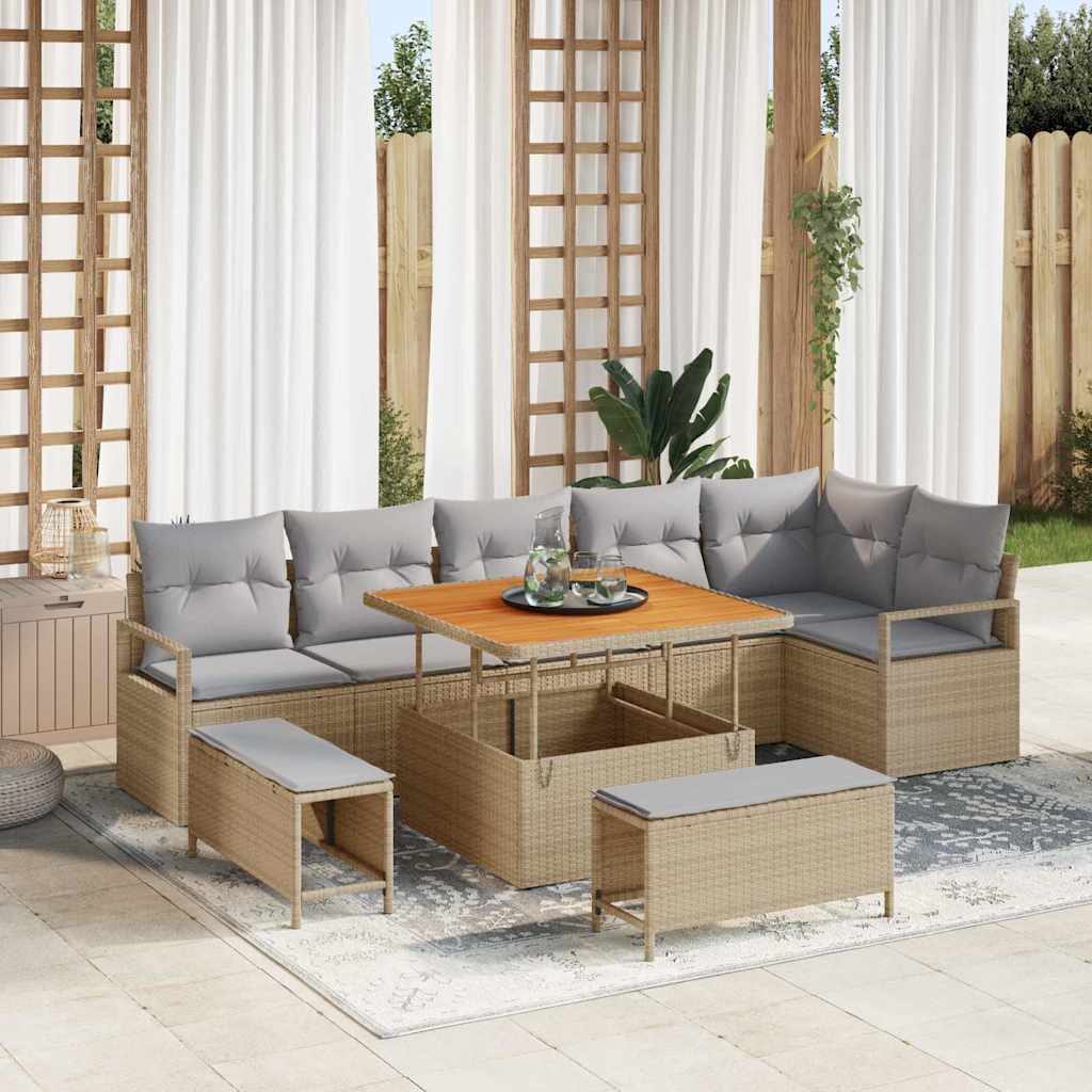 Set Divano da Giardino con cuscino 9 pcs Beige Poly Rattan - homemem39