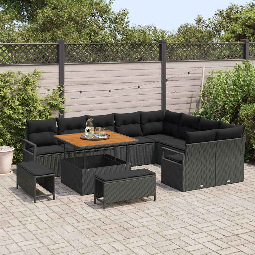 Set Divano da Giardino con cuscino 12 pcs Nero Poly Rattan - homemem39