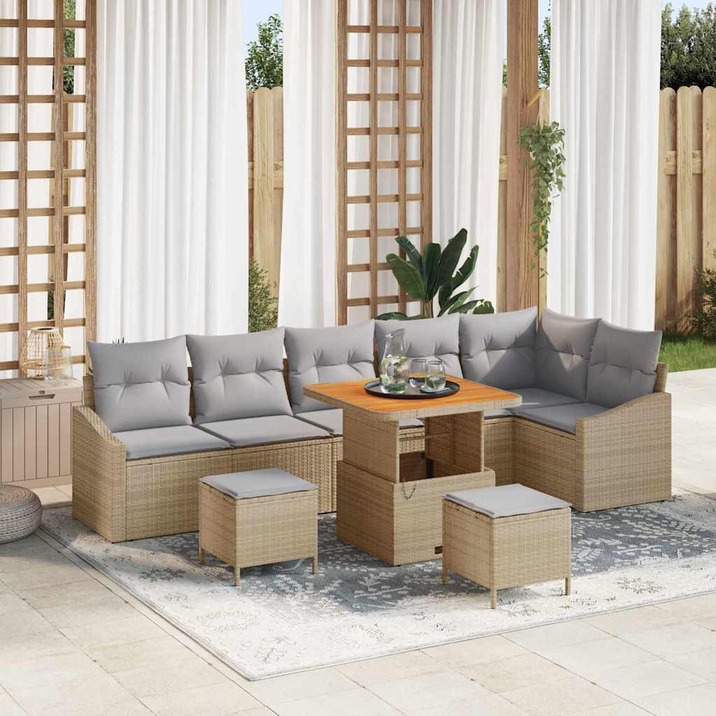 Set Divano da Giardino con cuscino 9 pcs Beige Poly Rattan