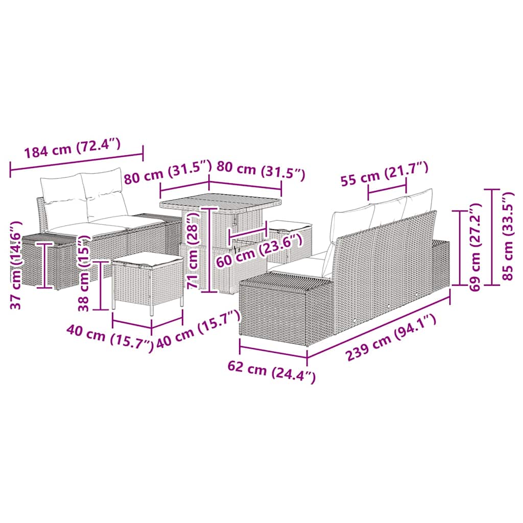 Set Divano da Giardino con cuscino 8 pcs Beige Poly Rattan - homemem39