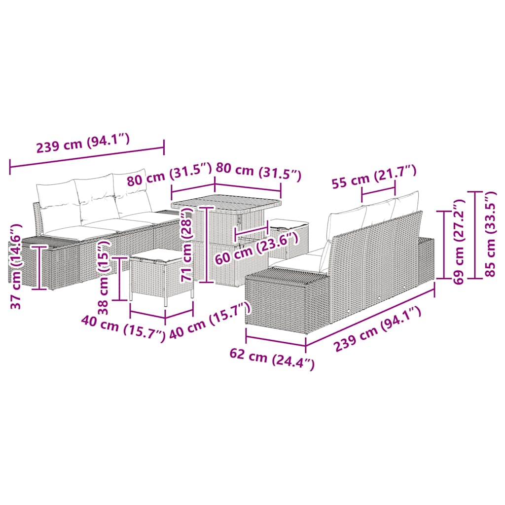 Set Divano da Giardino con cuscino 9 pcs Beige Poly Rattan - homemem39