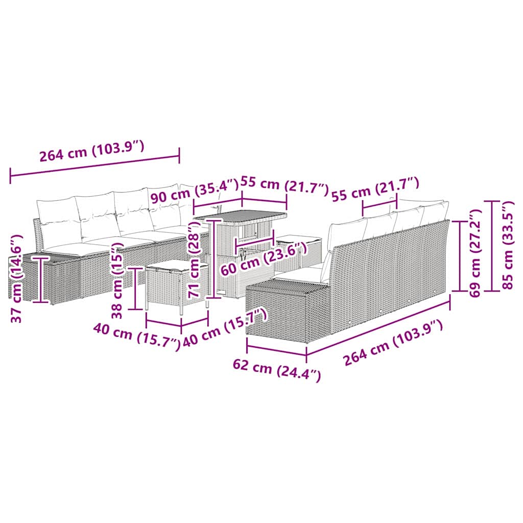 Set Divano da Giardino con cuscino 11 pcs Beige Poly Rattan - homemem39