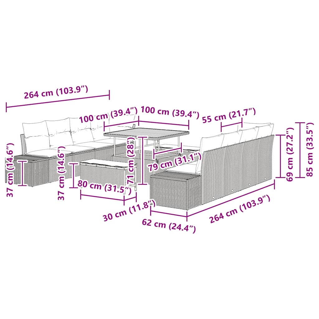 Set Divano da Giardino con cuscino 11 pcs Nero Poly Rattan - homemem39