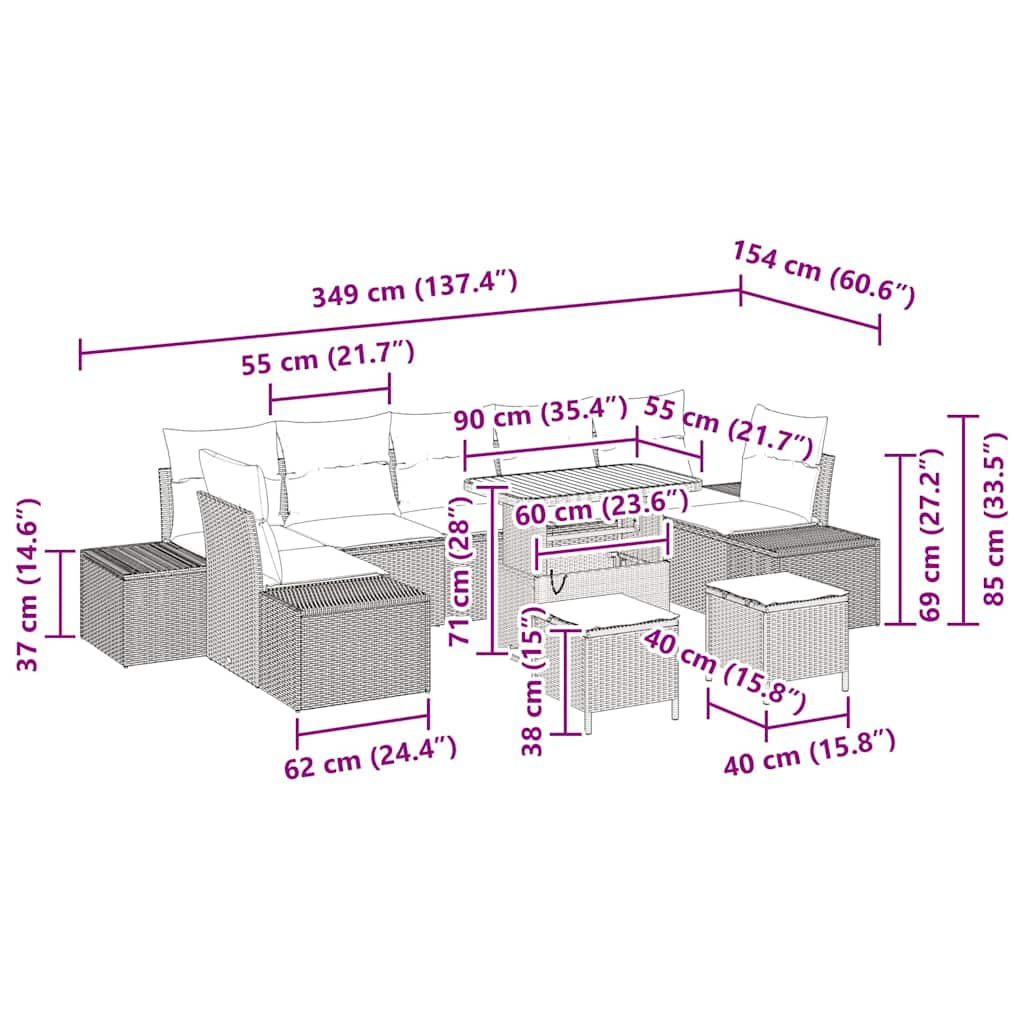 Set Divano da Giardino con cuscino 10 pcs Grigio Poly Rattan - homemem39