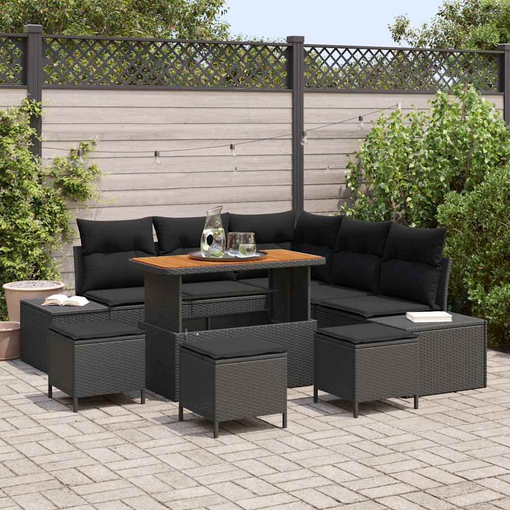 Set Divano da Giardino con cuscino 9 pcs Nero Poly Rattan - homemem39
