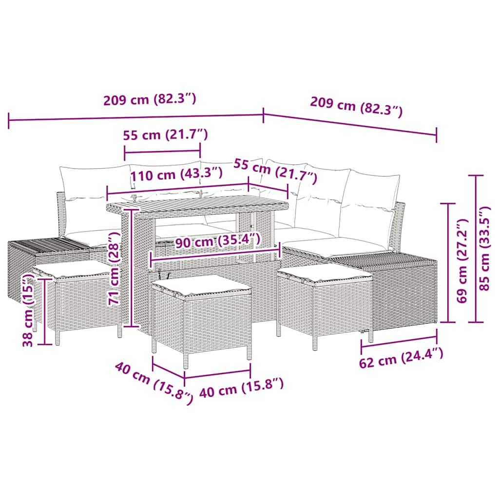 Set Divano da Giardino con cuscino 9 pcs Grigio Poly Rattan - homemem39